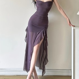 Resim Kadınların Seksi Dar Uzun Elbise, Katı Renk Örgü Kumaş, Ruffle Detay, Kare Yaka, Yan Çatlak, Polyester %95 Elastan %5, Tüm Mevsimler - Şık Akşam Partisi Giysisi 