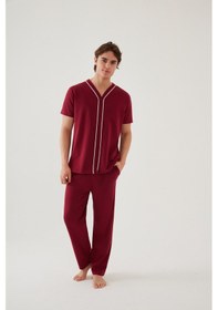 Resim Erkek Kısa Kollu Pamuklu Gömlek Yaka Düğmeli Biyeli Pijama Takımı Ke30118 Bordo 