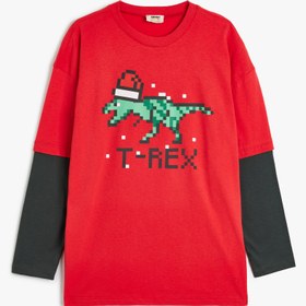 Resim Erkek Çocuk Dinozor Baskılı Bisiklet Yaka Uzun Kollu Pamuklu Tişört 
