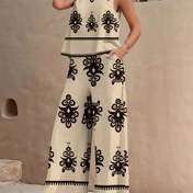Resim Kadınlar için Rahat Etnik Baskılı İki Parça Takım - Cepli Kolsuz Üst, Geniş Bacaklı Pantolon, Bej Renkli Siyah Çiçek Desenleri, Bahar ve Yaz için Mükemmel, Günlük Konfor|Çiçek Desenli Üst|Cepli Pantolon 
