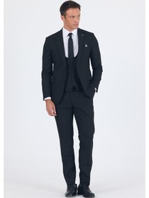 Resim İmza Siyah Mono Yaka Astarlı Çift Yırtmaç Esnek 6 Drop Slim Fit Basic Yelekli Takım Elbise 1001255186 