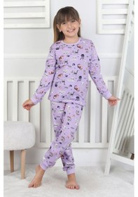 Resim Uzun Kollu Cute Cat Desenli Kız Çocuk Pijama Takımı Mor 