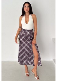 Resim Kadın Yırtmaç Detaylı Ekose Uzun Etek Slit Plaid Mor 