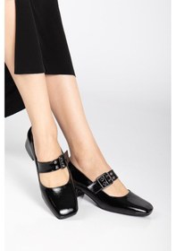 Resim Dilimler Ayakkabı Kadın Kısa Topuklu Ayakkabı Siyah Rugan Baretli Küt Burun-4184 Siyah 