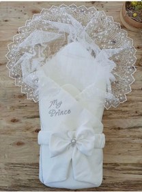 Resim Yenidoğan Sahra My Prince Nakışlı Lüks Kundak Bebek Battaniyesi Ekru Ekru 