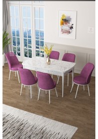 Resim Canisa Concept Zen Serisi 80x132 Mdf Açılabilir Beyaz Mermer Desen Masa Takımı Ve 6 Mor Sandalye Masa Beyaz/sandalyeler Mor 