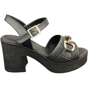 Resim Ventes 11125221z Bantlı 8 Cm Kalın Topuklu Taş Toka Detaylı Günlük Kadın Hasır Sandalet Siyah 