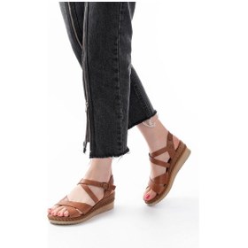 Resim 731-045 Taba Çapraz Hakiki Deri Dolgu Topuklu Günlük Kadın Sandalet Taba 