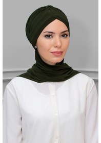 Resim Hürrem Bone Haki Pratik Hazır Geçmeli Tesettür Bone Sandy Kumaş Taçlı Büzgülü (545491001) Haki 