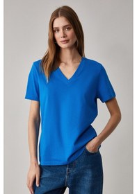 Resim Grimelange Alıne Kadın %100 Organik Pamuk Derin V Yakalı Comfort Fit Parlament Mavi T-shirt Parlament Mavi Saks Mavisi 