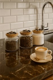 Resim 3'lü Metal Siyah Çiçek Figürlü Bambu Kapaklı Cam Kavanoz Şık Saklama Kabı 635 Cc Şeffaf 