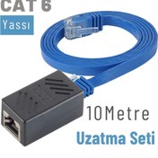 Resim IRENIS Cat6 Kablo 10 Metre Uzatma Seti, Yassı Ethernet Kablo Ve Ekleyici, Mavi 