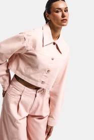 Resim Kadın Pudra Renk 6s6-20 Crop Fit Çiçek Nakış Desenli Özel Tasarım Denim Ceket - Pudra / L 