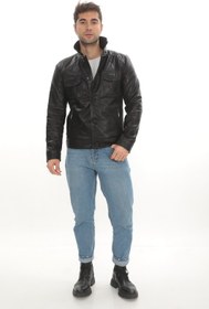 Resim Erkek Jumbo Hakiki Koyun Derisinden Düğmeli Deri Ceket/Mont EDC111 (Standart Kalıp) - 2XL 