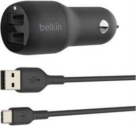 Resim Belkin Çift USB Araç Şarj Cihazı 24 W + USB-C Kablosu (Boost Charge Çift Bağlantı Noktalı Araç Şarjı 