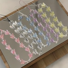 Resim Sevimli Şeker Renkleri Kristal Zincirler, Akrilik Kelebek Boncuklu Telefon Zincirleri, Askı Tutucuları Lanyard 