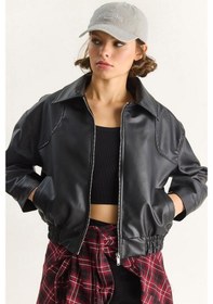 Resim Shade Kadın Oversize Belli Lastikli Suni Deri Bomber Ceket 3128 60283558 - Siyah 