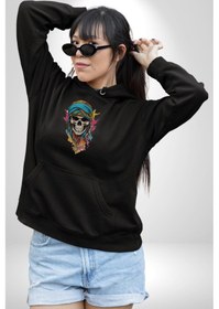 Resim Bandaba Renkli Kurukafa Kadın Erkek Siyah Kapüşonlu Sweatshirt Hoodie Siyah 