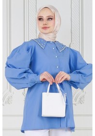 Resim Sevitli Yakası Taş Çakım Tunik-mavi-3645-mavi Mavi 