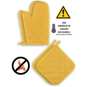 Resim Yanmaz Ve Isıya Dayanıklı Fırın Eldiveni Ve Tutacak 2 Eldiven, 2 Tutacak Sarı 
