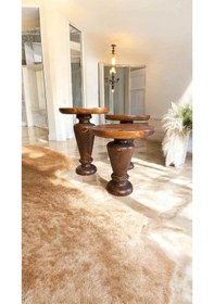 Resim 3 Lü Ahşap Mantar Sehpa Seti Açık Ceviz Renk Modern Yan Sehpa Takımı Açık Ceviz 