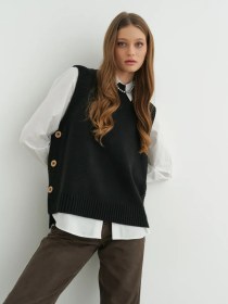 Resim Mıkalıne Düğmeli Uzun Oversize Örgü Ofis Yeleği 325521793 Siyah 