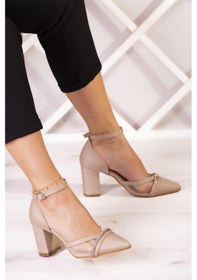 Resim Molly Ten Saten Taşlı Fileli Kalın Topuklu Ayakkabı 