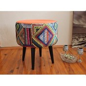 Resim Gürgen Retro Ahşap Ayaklı Dekoratif Etnik Üst Lacivert Desenli Silindir Puf Ydütp-siyah Ayak 