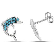 Resim Yunus Balığı Turkuaz Taşlı Kadın 925 Ayar Gümüş Küpe 