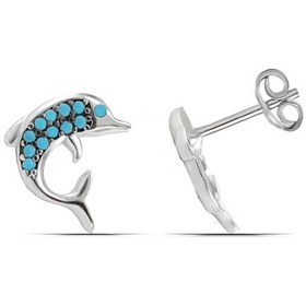 Resim Yunus Balığı Turkuaz Taşlı Kadın 925 Ayar Gümüş Küpe 