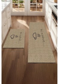 Resim Valerine Life Bi Kahve Fincanlı Krem Rengi Mutfak Matı Halısı Yıkanır Kaymaz Taban Tezgah Önü Paspas Siyah 