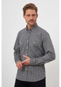 Resim Morven Erkek Gri Trend Oduncu Ekoseli Düğmeli Yaka Regular Fit Gömlek Gri 