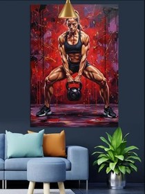 Resim Kettlebell Kaldıran Kadın Sporcu Dekoratif Kanvas - Mdf Ahşap Tablo 