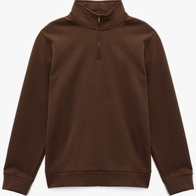 Resim Koton Pamuklu Uzun Kollu Yarım Fermuarlı Dik Yaka Sweatshirt Kahverengi 6wam70219mk Kahverengi 