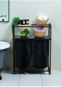 Resim Dekoratif Kirli Sepetli Banyo Dolabı 2 Raflı 2 Bölmeli Çamaşır Sepeti Banyo Düzenleyici Organizer Siyah 