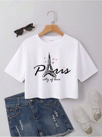 Resim Paris City Of Love Baskılı Kadın Crop Beyaz T-shirt Beyaz-280966 