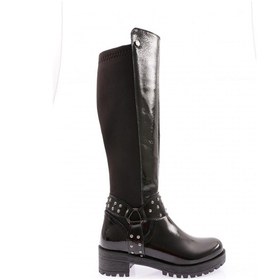 Resim Dgn 607-22k Kadin Bilek Tokali Zincir Detayli Arkasi Stretch Knee High Flats Çizme 607-1557-R1645 Siyah Rugan 