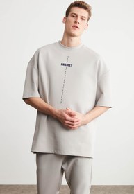 Resim GRIMELANGE Project Erkek Baskı Detaylı Oversize Fit %100 Organik Pamuk Örme Bisiklet Yaka Örme Gri T-shirt 