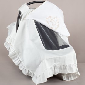 Resim Asil Bej Çelenkli At Nakışlı Bej Tığ işi Süslemeli Fırfırlı Puset Örtüsü 