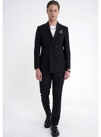 Resim Efor Slim Fit Çift Yırtmaç %95 Pamuk Sık Çizgili Siyah Kruvaze Takım Elbise Tk 944 