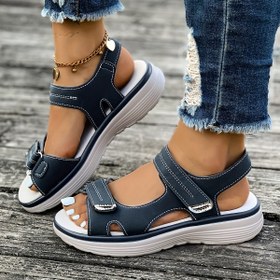 Resim Kadın Yaz Platform Sandaletleri - Peep Toe Ayak Bileği Kayışı Düz Metal Tokalı, Mavi ve Beyaz, Rahat PU Taban ile Günlük Geziler için, Kayışlı Sandaletler 