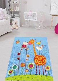 Resim Pelangi Neşeli Çocuk ve Hayvan Sevgisi Zürafa Yıkanabilir Kaymaz Taban Leke Tutmaz Çocuk Odası Halısık, Turuncu-Mavi 60 x 200, 7642010602001 