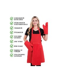 Resim Star Ayar Askılı Havlulu 4lü Mutfak Önlüğü Seti 2 Eldiven Kırmızı-kırmızı-kırmızı 