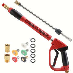 Resim 1 Set Yüksek Basınçlı Temizleme Su Tabancası, 4000 PSI Güçlü Temizleme Püskürtme Tabancası, Yedek Uzatma Çubuğu ile, M22-14,15mm Giriş ve 1/4'' Çıkış, 5 Nozul Başlığı Yüksek Basınçlı Temizleme Makinesi Sapı 