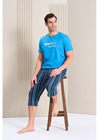 Resim Over Sleep By Poleren Erkek Pijama Takımı Kapri & Bermuda Kısa Kol Mavi 