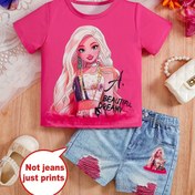 Resim Ünlü Karikatür Baskılı Kızlar 2 Parça Kısa Kollu Üst + 3D Grafik Şort Takımı, Rahat Tatil Yazlık Kıyafet, Dış Mekan Rahat Aktiviteler İçin 