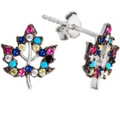 Resim Yaprak Motifli Renkli Taşlı Gümüş Küpe - K068301 