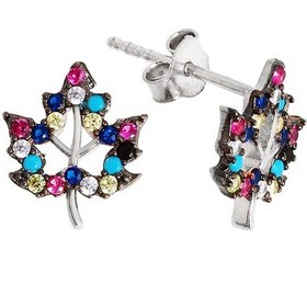 Resim Yaprak Motifli Renkli Taşlı Gümüş Küpe - K068301 