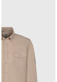 Resim AC&Co / Altınyıldız Classics Erkek Bej Slim Fit Dar Kesim Düğmeli Yaka Oxford %100 Pamuk Gömlek Bej 