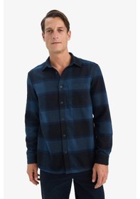 Resim Defacto Regular Fit Polo Yaka Kareli Flanel Uzun Kollu Gömlek E8242ax25aunv64 Lacivert-nv64 